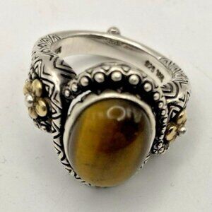 Barbara Bixby Tiger's Eye Cabochon Ring Sterling Silver 18k Gold Size 8